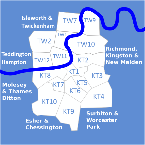  Map of Heating, Plumbing and Gas engineers covering Twickenham (TW1 & TW2), Teddington (TW11), Hampton (TW12), Richmond (TW9 & TW10), Kingston (KT1 & KT2), New Malden (KT3), Worcester Park (KT4), Surbiton and Tolworth (KT5 & KT6), Thames Ditton (KT8), Chessington (KT9) and Esher (KT10)